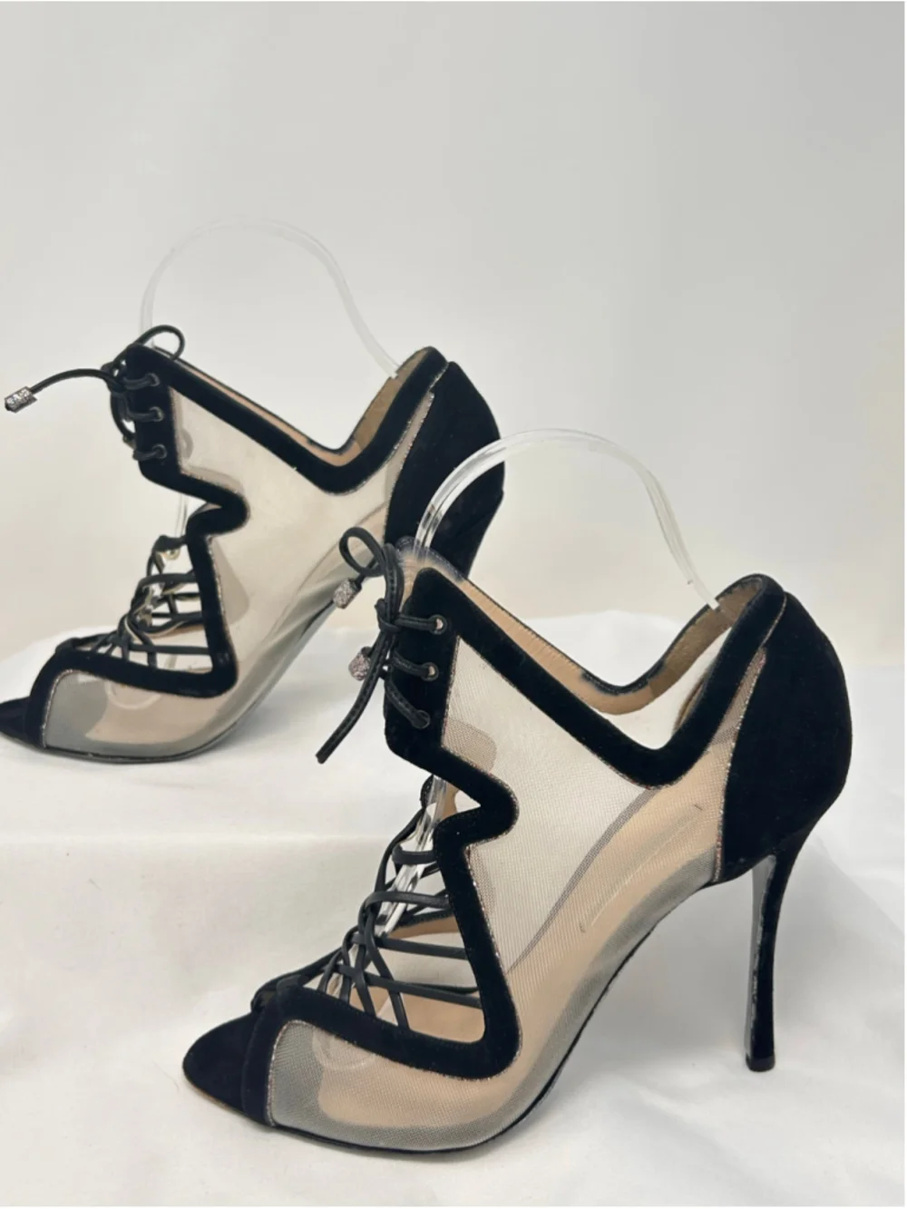 Nicholas Kirkwood Ava Black Suede & Mesh Lace-Up Sandals Heels 37